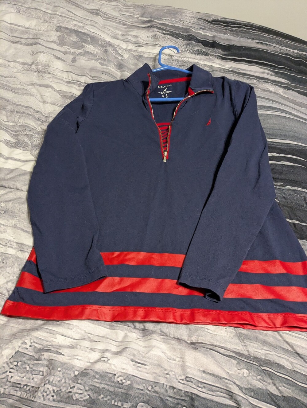Nautica Navy Pullover with Red Hem Stripes